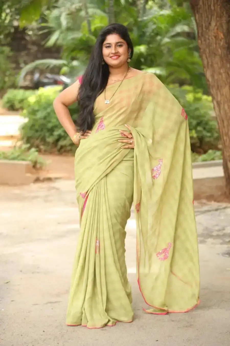 Sonia Chowdary In Green Saree at movie Audio Launch